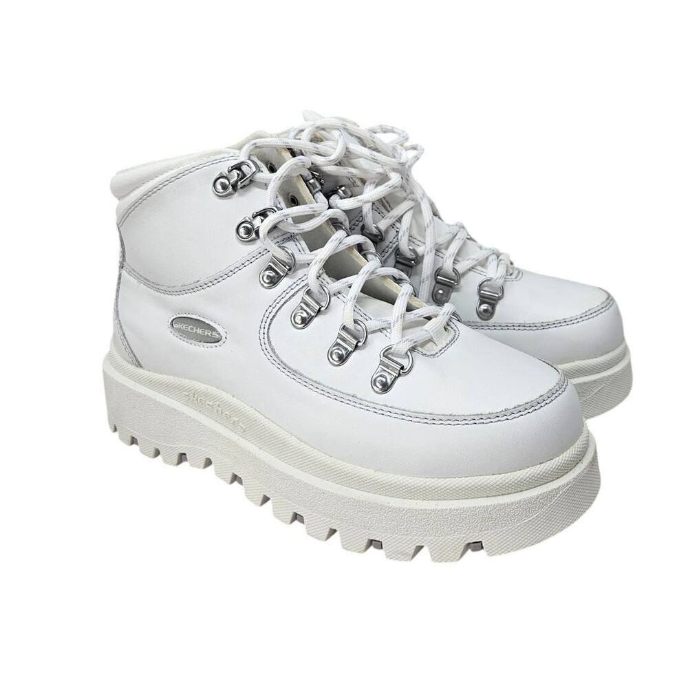 Skechers 6 White Leather Lug Chunky Boot Lace Up Shindigs Renegade Heart Y2K
